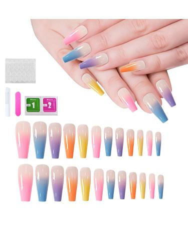 24pcs Rainbow Press On Nails Long Ballerina False Nails Full Cover Coffin Fake Nails Stick On Nails Neon Tip French Manicure Artificial Nails Acrylic Nails Stick On Nail False Tips for