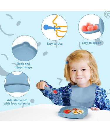 Vicloon Baby Weaning Set - 4 Pcs Silicone Feeding Set | BPA Free Suction Plate, Bib, Spoon, and Fork | Toddlers and Kids Plates | Blue Bear Sucker | Gift for Kids - Buy Online on SooperMarket.com