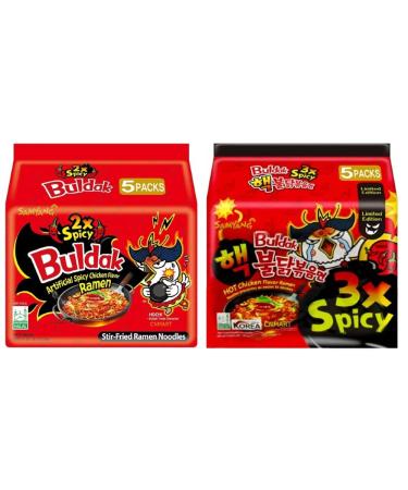 Samyang 2x Spicy and 3x Super Spicy Hot Chicken Instant Ramen Noodles Challenge 2 Flavours Bundle Halal 140g (Pack of 10) by CNMART