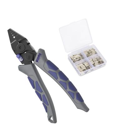 Booms Fishing CP4 Wire Crimping Tool with Cutter, Effort-Saving Fishing Crimping Pliers, High Carbon Steel Fishing Plier Wire Rope Leader Crimper Tool, 7 inch Crimpers Swager with Ergonomic Handle Crimper with 140pcs Sleeves