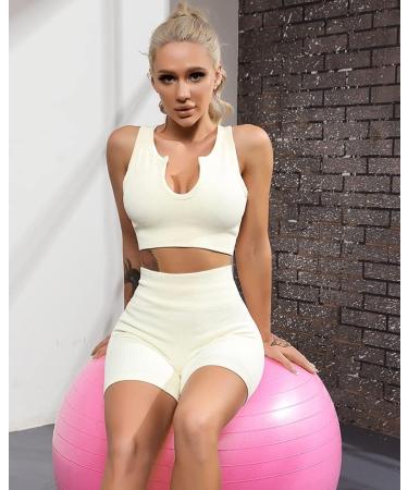 QINSEN Seamless Ribbed Workout Set for Women - Sport Bra & High Waist Shorts - Medium Beige - Buy Online on SooperMarket.com