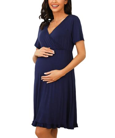 Bresdk Women's Maternity Nightdress Breastfeeding Nightwear Nursing Pyjamas Pregnancy Hospital Blue Short Sleeve L