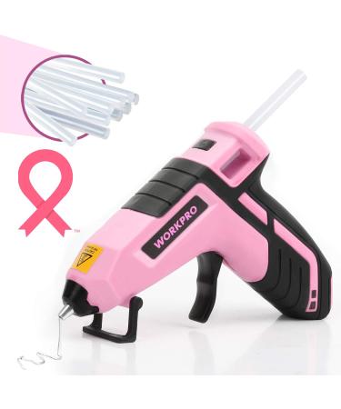 WORKPRO Cordless Hot Melt Glue Gun  Rechargeable Fast Preheating Mini Glue Gun Kit with 20 Pc Premium Glue Stick  Automatic-Power-Off Glue Gun for Art  Crafts  Decorations  Fast Repairs  Pink Ribbon