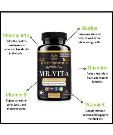 iCare Naturals Mr Vita - Multivitamins for Men - One a Day Mens Vitamin - Gluten Free | Vegetarian Friendly | Manufactured in Canada | Halal - Vitamin C D and B12 - Vitamins for Men to Support Healthy Bones Teeth Skin Muscle & Immunity Growth - 60 count 2 - Buy Online on SooperMarket.com