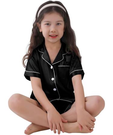 SWOMOG Kids Silk Pyjamas Set | Short Sleeve Satin PJs for Boys & Girls | Button-Down Silky Nightwear for Children & Teens | Black, Ages 8-9 - Buy Online on SooperMarket.com