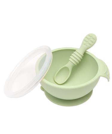 Bumkins Baby Bowls Silicone Baby Feeding Set Suction Bowls for Baby and Toddler with Spoon and Lid First Feeding Set Platinum Silicone Bowl for Babies 4 Months Up Sage