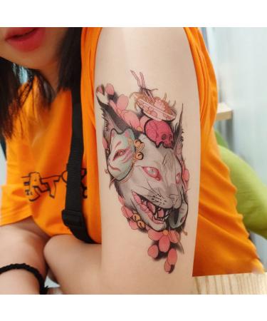 Oottati 2 Sheets Waterproof Temporary Tattoo Stickers - Pink Japanese Mask & Canadian Hairless Cat Skull Design for Arm, Thigh, Leg - Perfect for Leg, Back, Thigh - Buy Online on SooperMarket.com