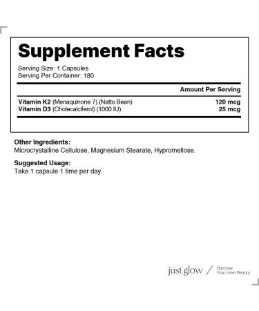 Just Glow Vitamin High-Potency K2 + D3 Supplement - 120mcg (MK-7) / 1000 IU - 180 Capsules - Helps Support Bones Teeth and Immune Function - Made In Canada - Buy Online on SooperMarket.com