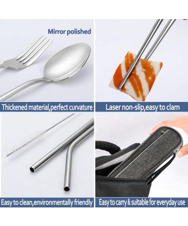 Travel Reusable Utensils Set - Stainless Steel Cutlery with Case, Chopsticks, Straw - Portable Flatware for Camping, 8 Piece Set - Silver - Buy Online on SooperMarket.com