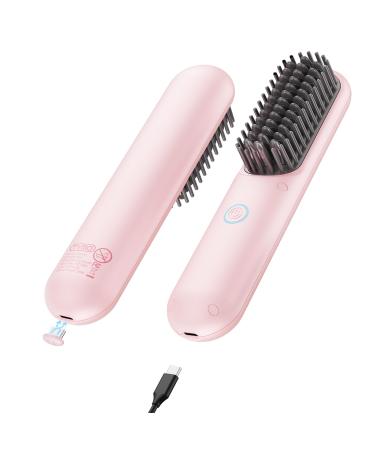 TYMO Cordless Hair Straightener Brush - Porta ECO Portable Straightening Brush for Travel Mini Hot Ionic Straightener Comb for Women Ceramic Coating Lightweight for Touch-ups No Charger Pink