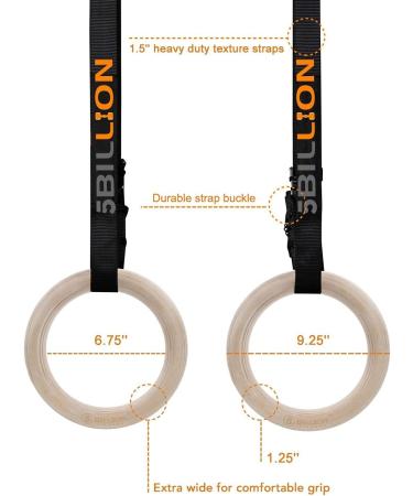 5BILLION Wooden Gymnastic Rings with Adjustable Straps - 2x15ft Wood Gym Rings for Home Gym Full Body Workout - Quick Install Cam Buckle - 1500lbs Supported - Black (32mm) - Buy Online on SooperMarket.com