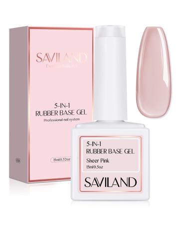 Saviland 5-In-1 Rubber Base Gel for Nails, Sheer Pink Rubber Base Nail Coat Jelly Gel Nail Polish Color Gel Nail Polish Strengthener Gel Nail for Starters Professionals Home DIY B1-Sheer Pink