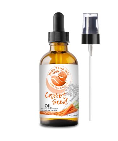 Bella Terra Oils Carrot Seed Oil. 4oz. 100% Pure. Cold-pressed. Unrefined. Organic. Daucus Carota. Hexane-free. Rich in Vitamin C and Beta-carotene. Natural Moisturizer for Hair  Face  Body 4 Fl Oz (Pack of 1)
