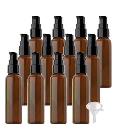 ZEOABSY 12 Pieces 60 ml Brown Lotion Bottles with Black Pump 60ml Empty PET Plastic Lotion Pump Bottle Cosmetic Gel Travel Container for Cosmetic Make up Cleaning + 2 x Funnel Brown 60ml