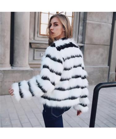 Women's Elegant Cropped Faux Fur Party Coat - Black & White Stripe Colorblock - Size XL - Buy Online on SooperMarket.com