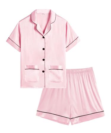 SWOMOG Kids Satin Pyjamas Sets Girls Boys Button-Down Pjs Short Sleeve Silk Nightwear 2 Piece Lounge Sets 4-5 Years Pink