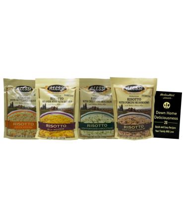 Alessi Premium Arborio Risotto Rice 4 Flavor Variety - (1) each: Butternut Squash, Alla Milanese Saffron, Broccoli Cheese, Funghi Porcini Mushroom, (8 Ounces) - Plus Recipe Booklet Bundle