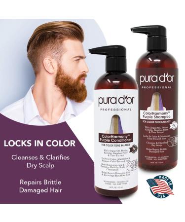 PURA D'OR ColorHarmony Purple Shampoo & Conditioner Set - 16oz x 2, Biotin for Bleached Blonde & Silver Hair, Keratin & Bamboo Fiber, No Sulfates, Natural Ingredients - Men & Women - Buy Online on SooperMarket.com
