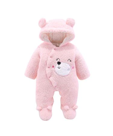 puseky Newborn Baby Cartoon Bear Snowsuit Winter Coat Fleece Hooded Footed Romper Jumpsuit Unisex Baby Winter Clothes Bodysuit 3-6 Months Pink