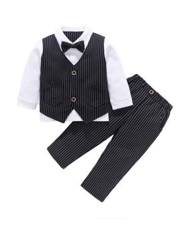 AmzBarley Baby Boys Gentlemans Outfit Suit Kids Long/Short Sleeve Dress Shirt Pants Vest Bowtie Tuxedo Rompers Childs Birthday Evening Holiday Party Black 205 1-2 Years