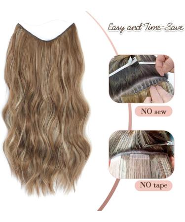 Invisible Wire Hair Extensions | Natural Wavy Synthetic Hair | 20 Brown mix Blonde | Adjustable Size | 2 Secure Clips | Long Curly Secret Hair Pieces for Women - Buy Online on SooperMarket.com
