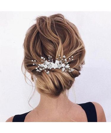 Handsess Bridal Wedding Flowers Hair Comb Silver Rhinestone Hairpieces Leaf Bridal Side Combs Pearl Wedding Hair Accessories for Women and Girls - Buy Online on SooperMarket.com