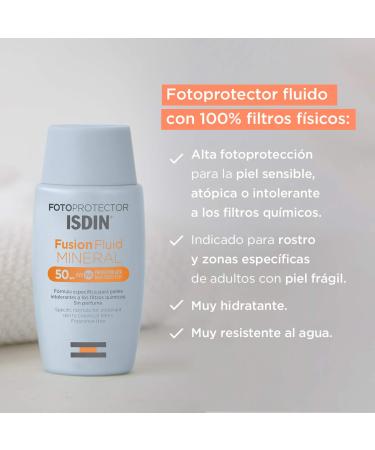 ISDIN Fotoprotector Fusion Fluid Mineral SPF 50 - 100% Mineral Sunscreen for Sensitive Skin | 50ml International Shipping - Buy Online on SooperMarket.com