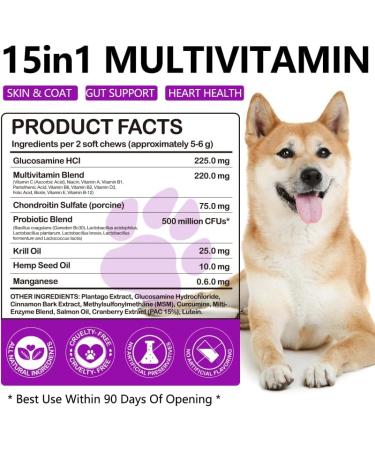 15 in 1 Multivitamin with Glucosamin and Probiotic Soft Chews (2 Packs) for Dogs. Multivitamin for Hip Joint Skin Coat Gut Health and Immune System with Duck Flavour for All Dogs (120 Chews). - Buy Online on SooperMarket.com