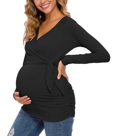 Love2Mi Women Maternity Breastfeeding Tops Long Sleeve V-Neck Cute Maternity Clothes L Black-long