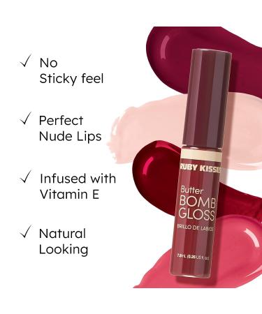 Ruby Kisses Butter Bomb Gloss - Natural Nude Lip Gloss with Vitamin E, Non-Sticky Lip Makeup - 7.8mL - Buy Online on SooperMarket.com