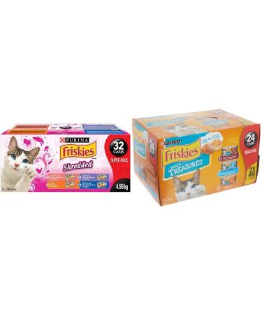 Friskies Purina Shredded Super Pack Cans + Friskies Tasty Treasures with Cheese Cat Food Variety Bundle Shredded Cat Food + Tasty Treasures Cat Food