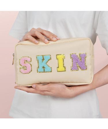 Chenille Letter Nylon Waterproof Makeup Bag for Women - Beige-Skin Travel Organizer Pouch for Toiletries and Cosmetics - Buy Online on SooperMarket.com
