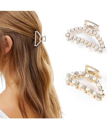 Runmi Hair Clips Pearl Hair Clips Crystal Hair Clips Hair Accessories for Women and Girls (2 Pack) (D)