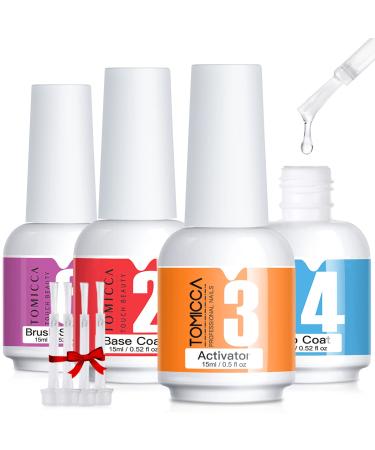 TOMICCA Dipping Powder Liquid Set 4x15ml Base Coat Top Coat Activator Brush Saver for Dip Powder Nail Kit No Need Cure Essential Dip Liquid Set for DIY Nail Art 4Pcs