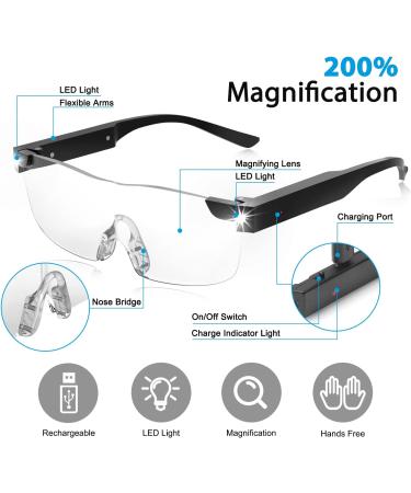 SKYWAY Hands-Free Magnifying Glasses with 200% LED Light - Rechargeable Magnifier for Reading, Hobbies, Close Work - Black - Buy Online on SooperMarket.com