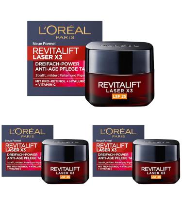 L'Or al Paris day care with LSF 25 firing and upholstery anti-aging facial care with 3-way effect with hyaluronic acid vitamin C and pro-retinol Revitalift Laser X3 50 ml day care LSF 25 50 ml (3 Pack)