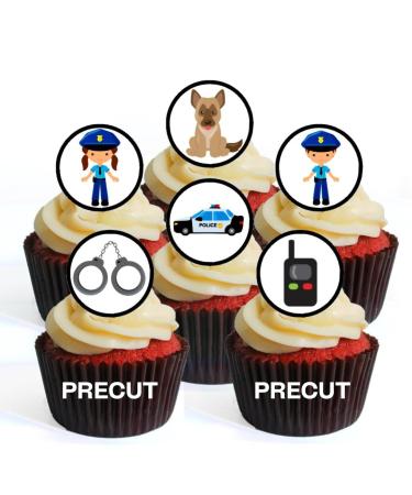 24 PRECUT Police Edible Cupcake Toppers Sheriff Theme Emergency Services Edible Cupcake Decorations - Stand Up Disc Wafer Cake Decorations