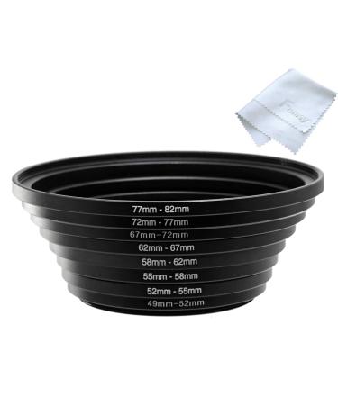 Fotasy Anodized Black Metal Filter Step Up Ring Set, Stepping Lens Adapter Rings 49-52mm 52-55mm 55-58mm 58-62mm 62-67mm 67-72mm 72-77mm 77-82mm (SRU)