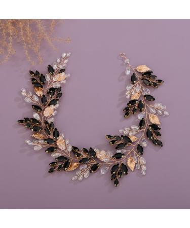 Deniferymakeup Rhinestone Bridal Hair Vine Crystal Wedding Headband Rhinestone Bride Headpiece Leaf Hair Accessories for Women and Girls (Gold Black)