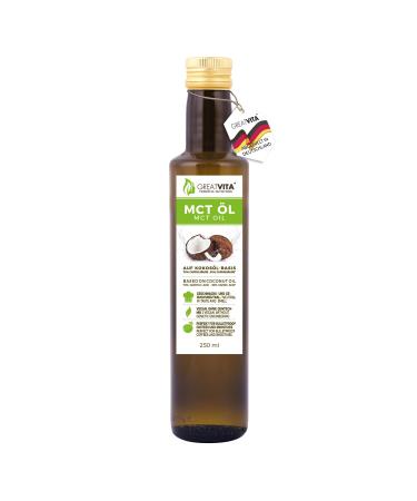 GreatVita MCT oil based on coconut oil - 250 ml |70% Caprylic acid (C8) & 30% capric acid (C10) fatty acids |100% pure MCT OIL flavor -neutral - sugar -free GVO -free 250 ml (1 Pack)