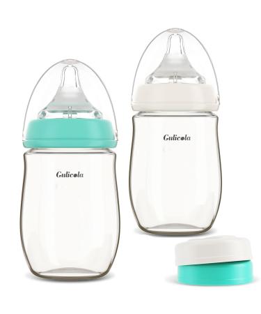 Gulicola PPSU Baby Bottles for Breastfeeding Babies with Storage Cap Anti-Colic Fast Flow 6 Months Plus 9 oz 2 Count (Green White) Green+White