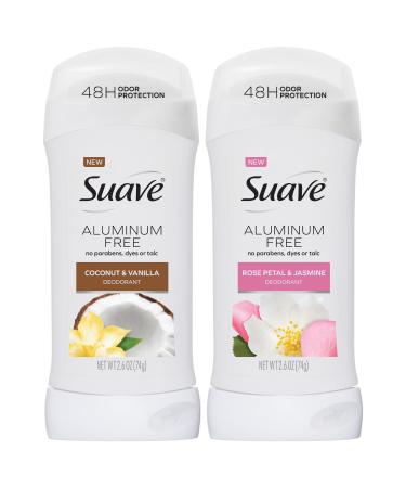 Suave Aluminum-Free Deodorant Variety 2-Pack Coconut & Vanilla + Rose Petal & Jasmine 48H Odor Protection Free of Parabens Dyes & Talc 2.7 Oz Ea
