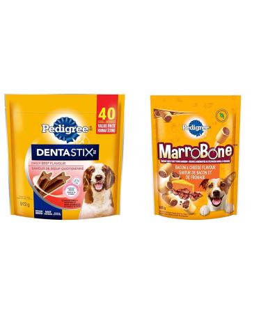 PEDIGREE DENTASTIX Oral Care Adult Dog Treats for Medium Dogs - Beef 40 Sticks & MARROBONE Adult Dog Treats - Bacon & Cheese 680g