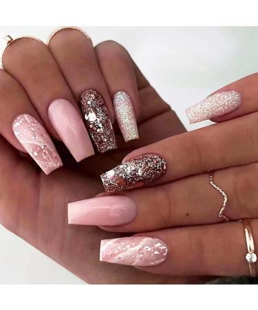 GORS Medium Length Ballet Press on Nails Strobe Fake Nails Full Cover Rose Gold Glitter False Nails Pink Acrylic Nails Medium Stick on Nails Artificial Marble Glue on Nails for Women Girls 24PCS