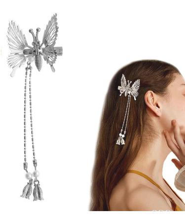 Elegant Tassel Butterfly Hairpin Moving Flying Girls Shiny Hair Clips Barrette Women Moving Flying Shiny Hair Clip Perfect Hair Accessories Suitable for Ladies and Girls (Silver-1 PCs)