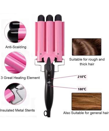 3 Barrel Curling Iron 25mm | Temperature Adjustable Crimper Hair Iron | Ceramic Tourmaline | Fast Heating Curling Wand | Pink - Buy Online on SooperMarket.com