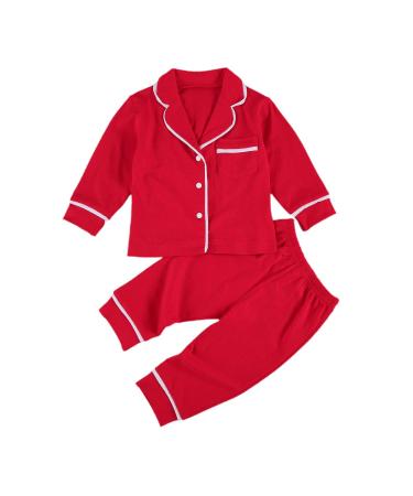 MAHUAOYIXI 2PCs Toddler Baby Kids Pyjamas Clothes Set Long Sleeve Sweatshirt Homewear Hooded Breasted T-Shirt Lapel Top High Waist Long Pants Trousers Pocket Sleepwear Nightwear Oufits 4-5 Years Red
