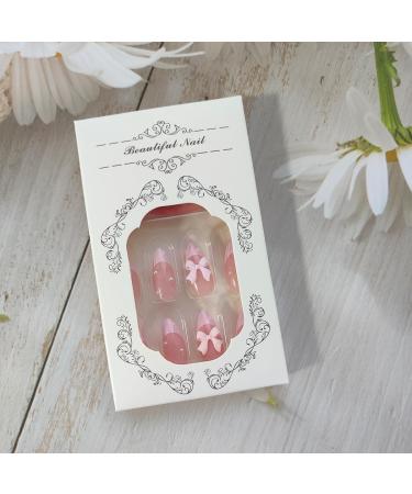 24Pcs Cute Pink French Press On Nails - Almond Shape Bow & Pearl Design - Luxury False Nails for Women - Full Cover Acrylic Manicure Accessories - Buy Online on SooperMarket.com