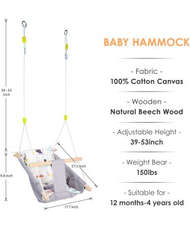 Baby Swing for Infants and Toddlers - Canvas Hammock Swing with Safety Belt and Mounting Hardware - Wooden Hanging Seat for Babies up to 4 Years - Cute Animal Design - Buy Online on SooperMarket.com