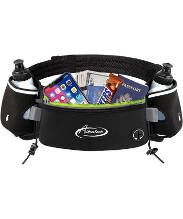 AiRunTech Hydration Running Belt with Bottles Zero Bounce Design for Running, Triathlon, Ironman, Marathon, 10K, 5K, Trail Fit for Most Smartphones BK+GN 2*6 OZ bottles